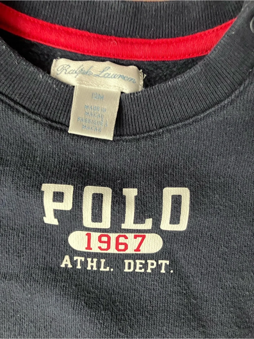 Ralph Lauren Navy Sweatshirt with Red & White Sleeve Stripes